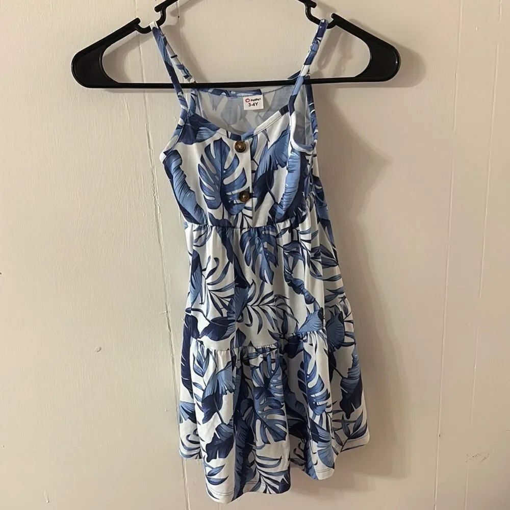 Blue and White Leaf Print Kids Dress